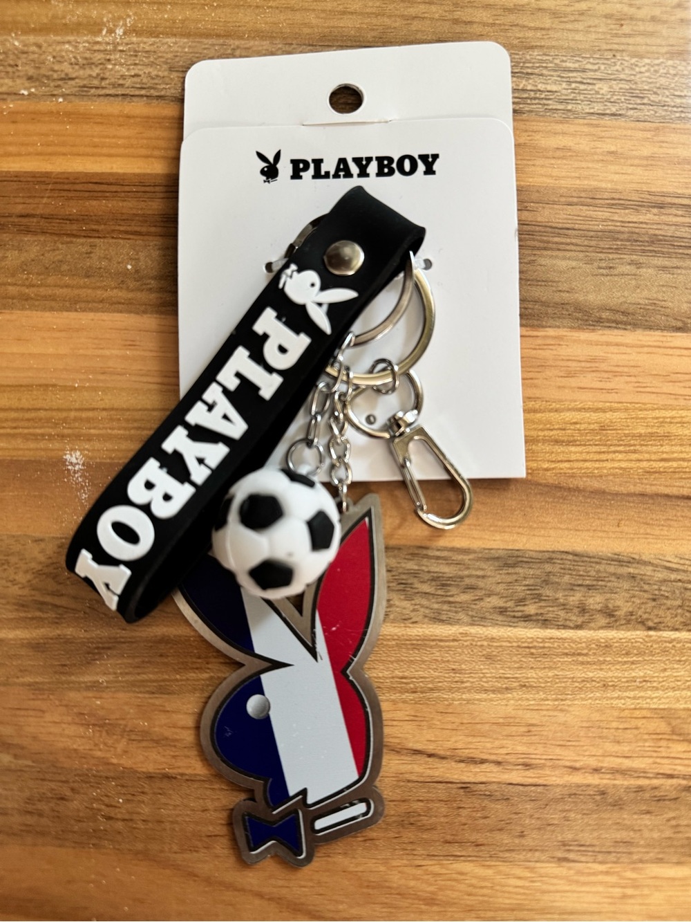 PLAYBOY France Black Strap Keychain with Tricolor Bunny and Soccer Ball Charm